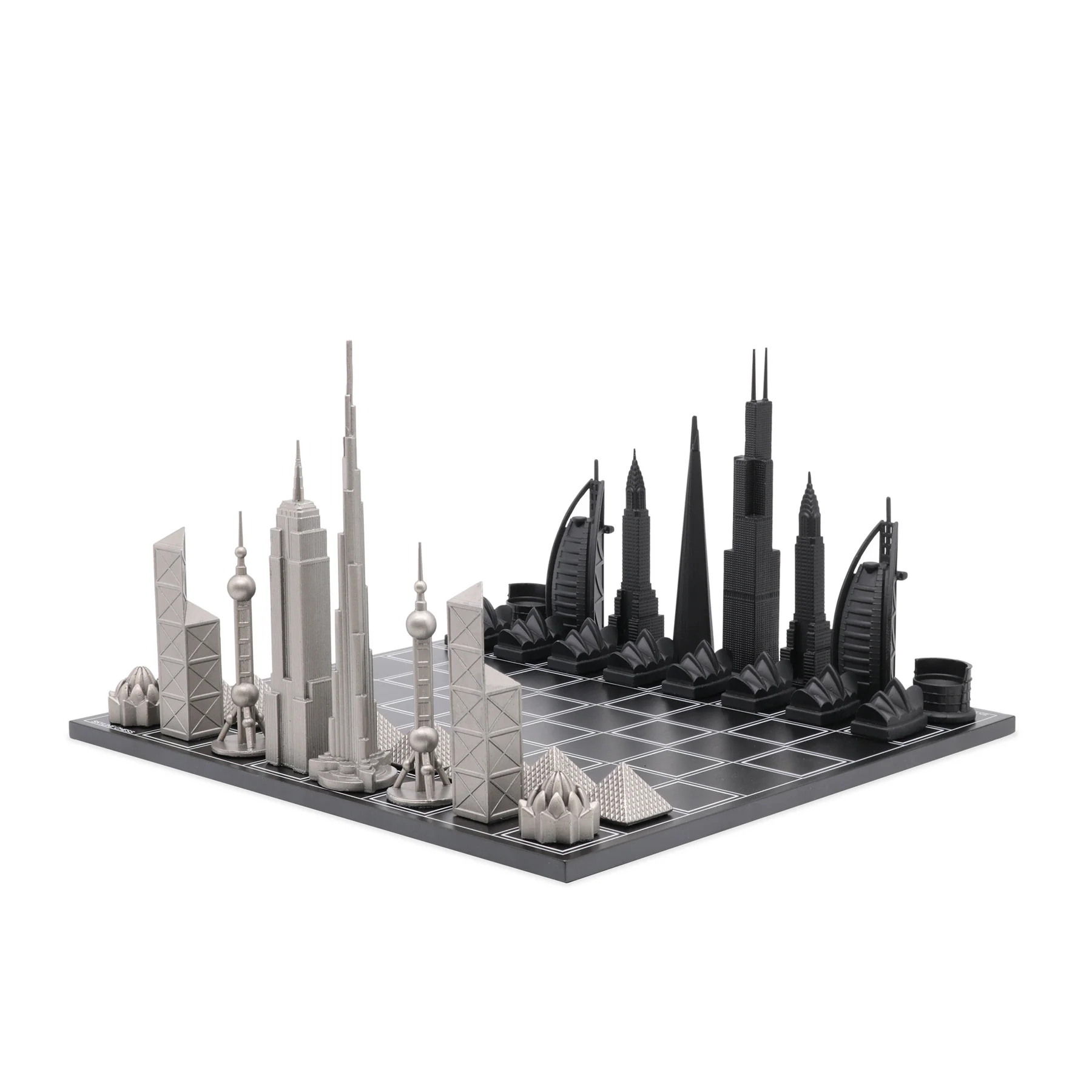 Skyline-Chess-World-Icons-Stainless-Steel-Wood-Grid-2500x2500_1800x1800 World Icons Stainless Steel Edition - Image 1